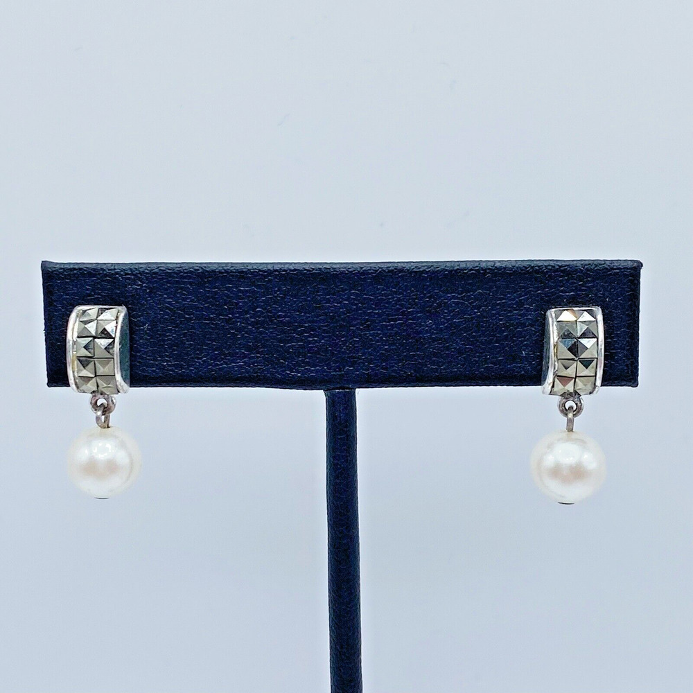 Vintage Carolee Sterling Silver Pearl Marcasite Dangle Earrings 14K Gold Posts